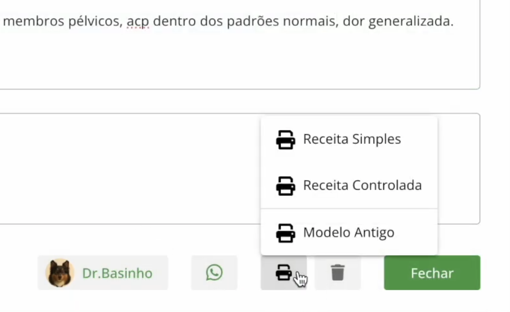 Tela de receita controlada no VetBase com opção de assinatura digital e envio por WhatsApp
